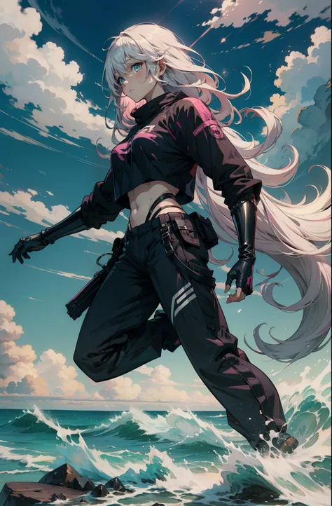 {{{{ masterpiece }}}},{{{{ 4K }}}},{{{{ badass anime 8 k }}}}, {{{{{{{{ long hair }}}}}}}}, {{{{{{{{ pink white half hair }}}}}}}}, (extremely detailed CG, ultra-detailed, best shadow), (scenery: 1.2), Black Oversized TShirt,long pants,tidal wave