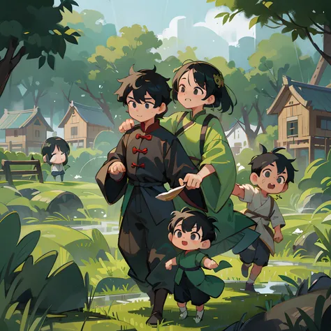 ​masterpiece, hightquality, male people, Gamine, black hair and black eyes, an oil painting, Q version, Green background, party, Chinese Childrens Clothing, Departure from the village, rice planting, in a storm,Sateen, Have fun together