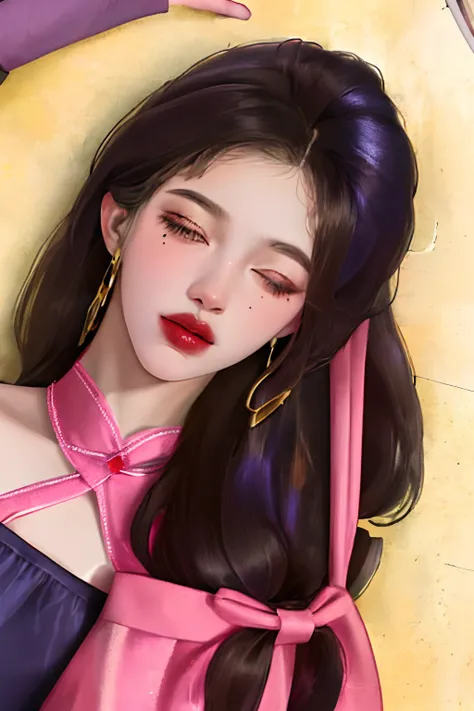 female pervert，Long wheat-colored hair，There is a mole next to the nose，Pink lipstick，Lie on the ground，A rope is tied around the neck to a post，The eyes are blindfolded by colored blindfolds，Purple stockings