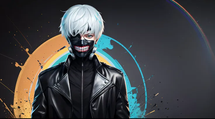 "cool 20 year old kaneki ken is a true masterpiece with masculine beauty, perfect anatomy. Olpntng style, colorful rainbow, wearing a black leather jacket, mask revealing a very menacing smile , clean design, epic Instagram, artstation, full of paint splas...