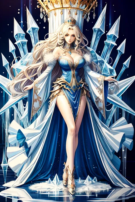 Best quality at best，tmasterpiece，8k，s fractal art，one-girl，long whitr hair，Exposed cleavage，Long legs，Ice and water，The demeanor of the queen，Full body like