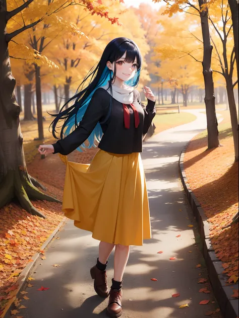 Red autumn leaves　Path in the woods　Pretty girl　　A smile　Black eyes　Light blue hair　Long　Autumn sunny　Yellow skirt flows　White blouses　Falling leaves flutter