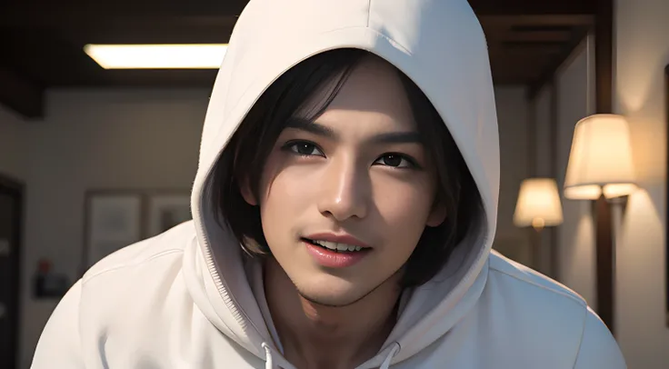 ((Men only)), (head shot), (face only), (wearing white hoodie),  (wearing a hood on his head), ((Leon Kennedy)), (Handsome muscle man in his 10s), (big Smile), (open his mouth wide), (detaile: 1 in 1), Natural muscles, HIG quality, beautidful eyes, (Detail...