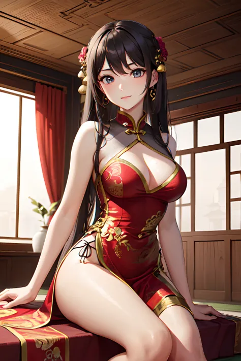 A sick sexy beauty，Sit in a room in a richly decorated ancient building，Wearing Chinese costumes，Dress sexy