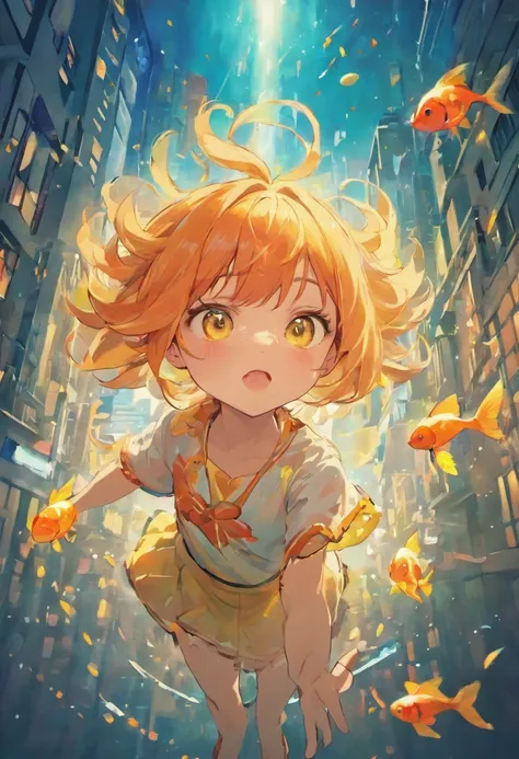 Stars shine，Colorful，Huge goldfish float over the city，Cute and cute，KIDS ILLUSTRATION，Glow effects，Dingdall effect，depth of fields，high light，Real light，Ray traching，oc rendered，Hyper-realistic，best qualtiy，8K，Works of masters，super-fine，Detailed pubic ha...