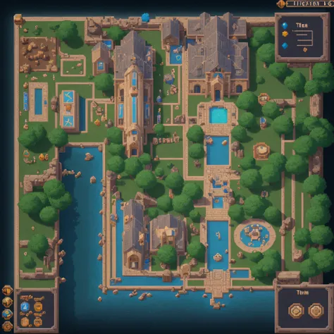 16 bit game, Design of game locations,2D изображение, overhead view, Пиксельная игровая локация 2D,Pixel corridors of the castle,dim lighting, light center and dark phoronts,8-bit pixel art, 2D, corridors and rooms of the castle, bright colours, Texture sm...