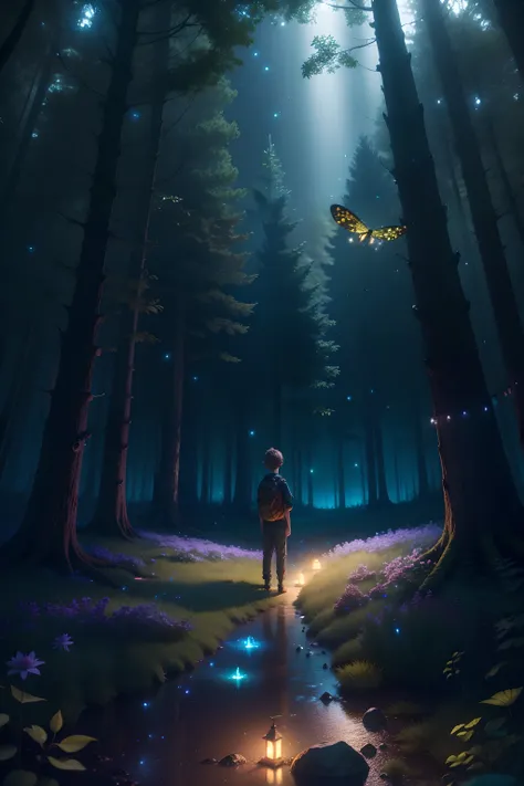 A Pixar 3D rendering captures a magical forest scene as fireflies light up the night. A child stands at the forests edge, ready to leave, while the bioluminescent colors of the flora and fauna begin to fade. Its the instant they left before the color faded