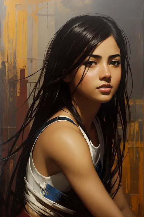 high-quality detailed image of a beautiful girl: (mestizo: facial features, Hindu: 0.2 : Egyptian: 0.3 : darna: 0.25 : selena quintanilla perez: 0.25) : pale skin, ((asymmetrical haircut)), high face detail : realistic : in T-shirt and shorts, (oil paintin...