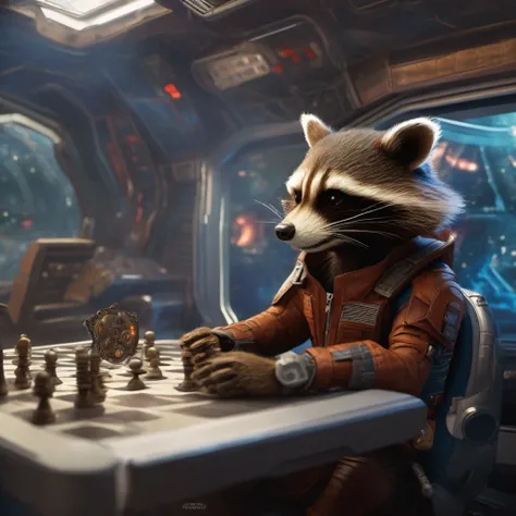 creative masterpielce, highly realustic photo, cinematic portrait of ("Rrocket Raccoon") playing chess) in a futuristic cockpit of a spaceship,  spheric panorama cockpit window, starfield, space-nebula, realistic detailed reflections, heart-warming scene, ...