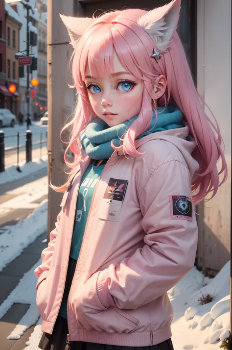 In winter, The upper body of the girl with wolf ears on the street is particularly good-looking, and the 8k head up，Wear a pink jacket，blue color eyes，looking toward the viewer，Snow behind you