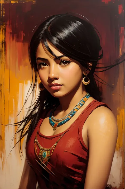 high-quality detailed image of a beautiful girl: (mestizo: facial features, Hindu: 0.2 : Egyptian: 0.3 : darna: 0.25 : selena quintanilla perez: 0.25) : pale skin, ((asymmetrical haircut)), high face detail : realistic : in T-shirt and shorts, (oil paintin...