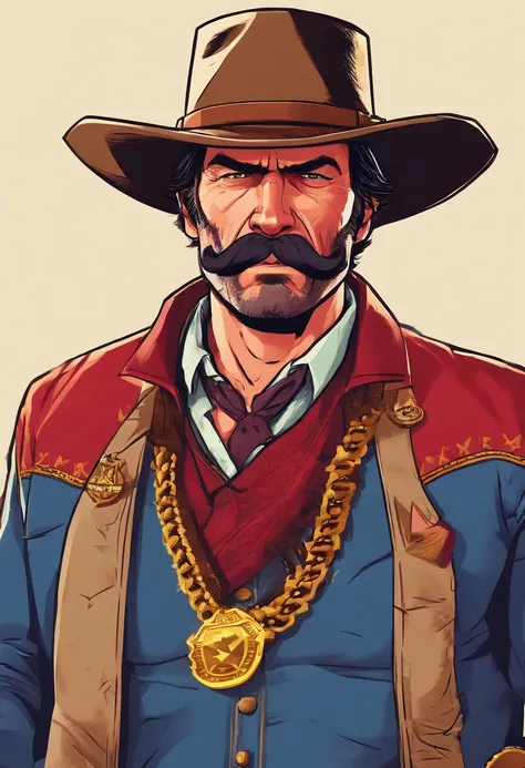 Red Dead Redemption 2 illustration style，Sheriff Curtis Malloy，Wear a Nevada hat,Khaki coat，Blue vest and white shirt,Nothing but a mustache