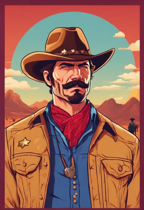 Red Dead Redemption 2 illustration style，Sheriff Curtis Malloy，Wear a Nevada hat,Khaki coat，Blue vest and white shirt,Nothing but a mustache