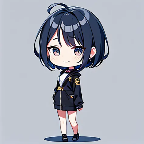 超A high resolution, Best-aesthetic, High-quality depiction of feet, Put on a jacket, The back has black and blue hair, Flat avatar, Anime visuals of cute girls, lovely art style, tchibi, Shorthair, ahoge, is shy, A smile, hair adornments,Drawing on paper, ...