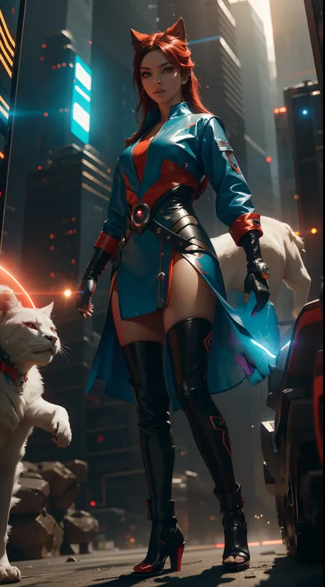 "A futuristic scene with fashionable animals wearing coded dresses, full body with dynamic poses, immersed in a neon cityscape. Enhance the atmosphere with red and blue lens flare effects. Utilize the stunning visual effects of Unreal Engine 5 for an ultra...