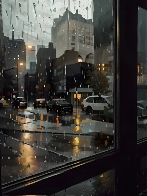 through the window you can see the alafis view of the city streets，there is rain on it, rainy evening, window ( rain ), it was r...