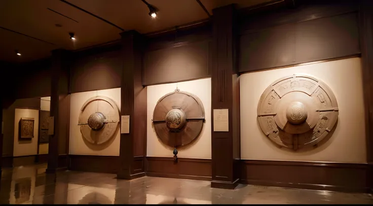 Exhibition hall of the Museum of Ancient Chinese Cultural Relics，The walls are neatly displayed with artifacts，45 degree wide-angle map，high qulity，filigree，4k