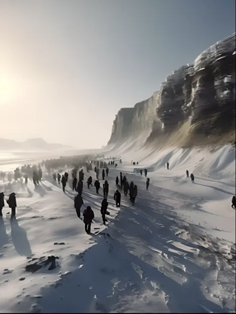 Alafis walks on the snowy slopes，The background is a mountain, sci-fi of iceland landscape, 4 k, 4K, iceland, atarctive, by jessica rossier, 8K scene, inspired by jessica rossier, walking across ice planet, illusory engine. cinematic Film still from, jessi...