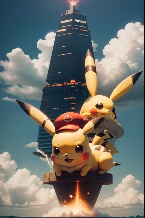 There is Pikachu，There is a red V-shaped hat on the head，Use 100,000 volts under a cloudless sky，The sky is filled with the breath of thunder element