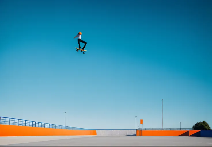 There was a man skateboarding on a ramp, Orange and blue sky, Detailed scenery —width 672, High-class urban architecture，angular minimalism, minimal background, arena background, Minimalist background, minimalist wallpaper, 2D minimalism, some orange and b...