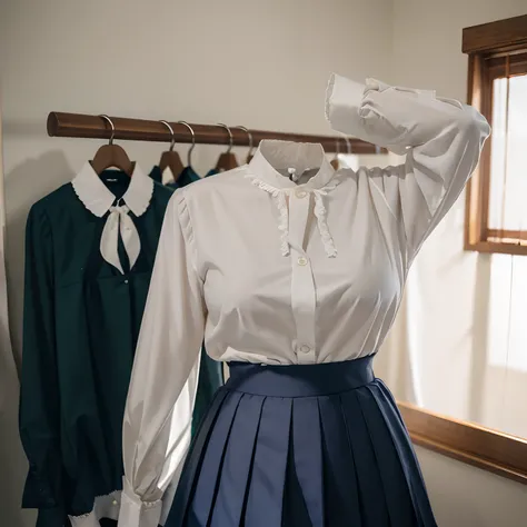 (girls school blouse:1.7) , (school blouse on hanger swells as if worn by invisible girl:1.7),((invisible, no humans:1.7, headless:1.7, handless, legless)), (big breasts:1.9),(in closet),(arms up),
(8k, RAW photo, best quality, masterpiece:1.2), (realistic...