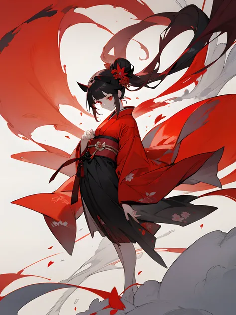 ​masterpiece、top-quality、Woman in red kimono、Tower and red smoke stream isolated on sword and red background、The moment the sword is pulled out、 Turn the camera sideways、Fantasyart,1girl in, red_background, flower petals, official_alternate_costume, japane...