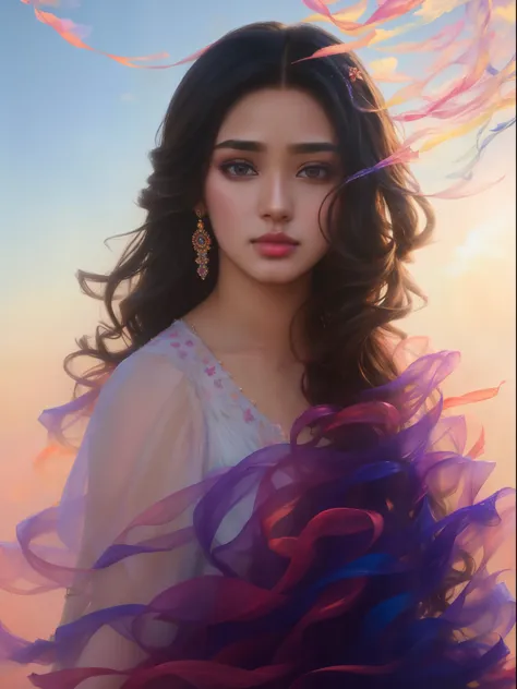 {{cute No-one55}}, floating female figure made of ribbons, smoke, in the sky, colorful and vibrant, mystical colors, contemporary impressionism, yanjun cheng portrait painting, iridescent painting, 3/4 perspective view, cute face, low angle, sweeping circl...