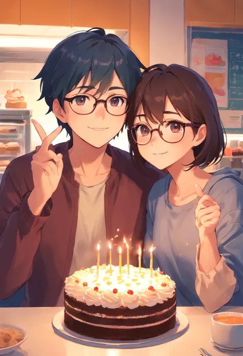 self-shot，A couple，Upper body photo，Girls with glasses，Cake in hand，Makoto Shinkai anime，