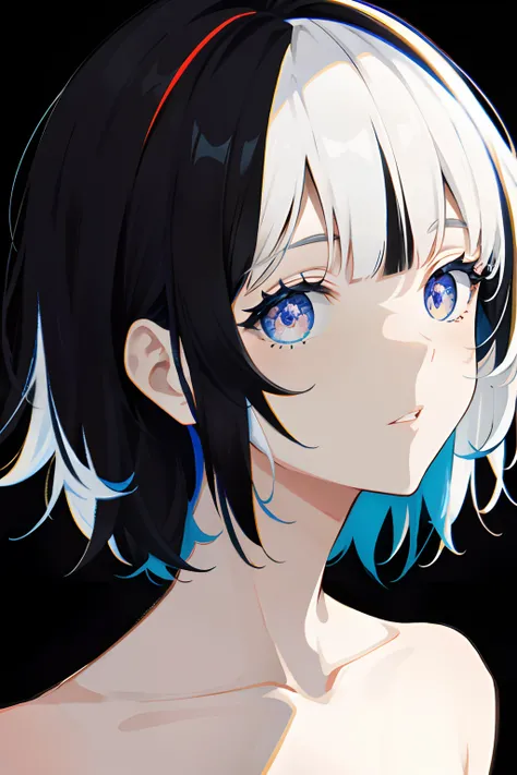 close up shot, eye close up, ((masterpiece)), ((ultra-detailed)), pixiv, best shadows, best lighting, best quality, cinematic shot, 1girl, solo, bangs, black background, paint, portrait, short hair, blunt bangs, parted lips, paint splatter, ((two-tone hair...