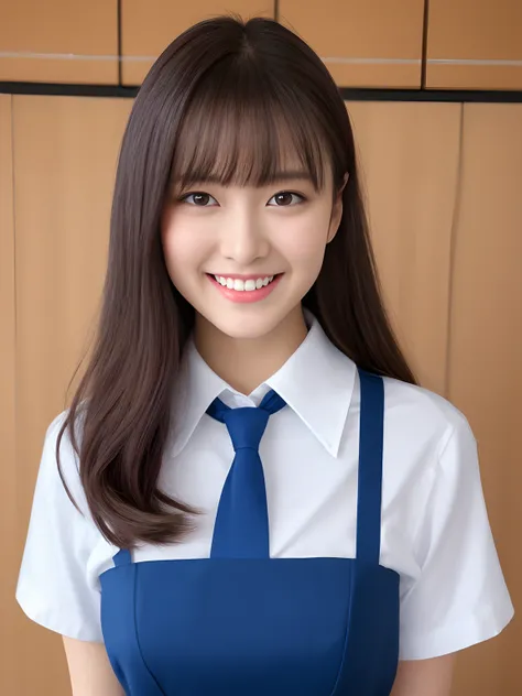 Product quality, 1girl in, upperbody shot, front-facing view, a Japanese young pretty woman, hyper pretty face, 18 years old, Standing with a big smile in a high school classroom, wearing a short sleeves silky white collared shirt with shiny satin red plai...