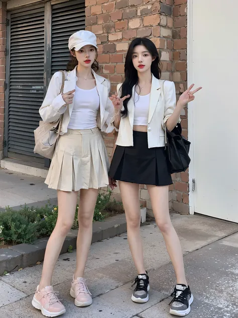 two women standing next to each other on a sidewalk, cropped shirt with jacket, wearing jacket and skirt, casual modern clothing, short skirt and a long jacket, White and black clothing, white trendy clothes, casual clothing style, modern casual clothing, ...