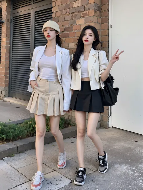 two women standing next to each other on a sidewalk, cropped shirt with jacket, wearing jacket and skirt, casual modern clothing, short skirt and a long jacket, White and black clothing, white trendy clothes, casual clothing style, modern casual clothing, ...