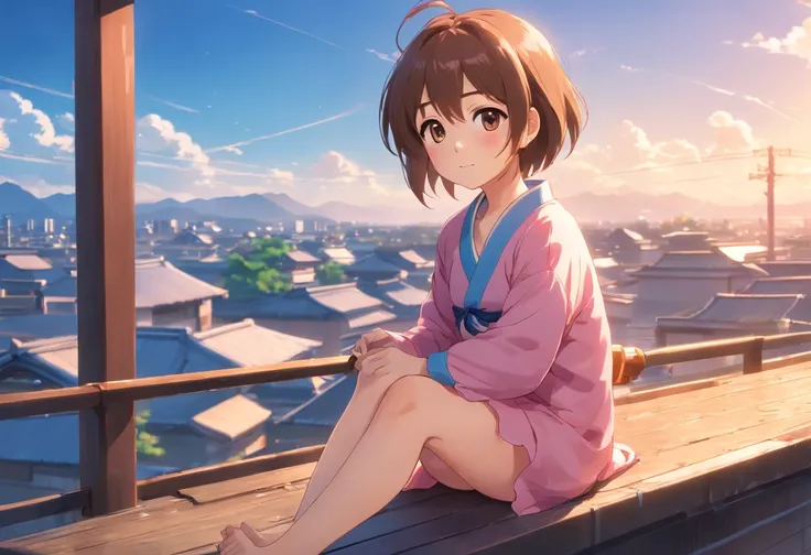 China-style，Pastoral baby girl，Cute and cute，Chubby toot，Sit on the roof and blow the wind，ventania，messy shortt hair，Pink flecked pajamas，Cartoon card issuance，Full body like，Detailed and accurate，depth of fields，8K,A high resolution,tmasterpiece,Beautifu...