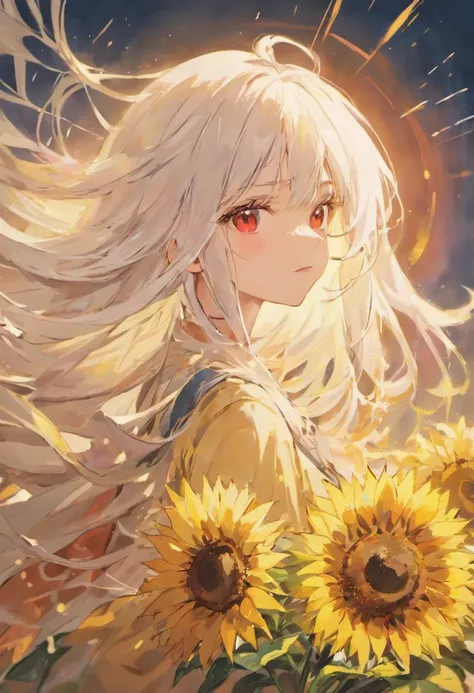 1 girl, 18 years old, long white hair, red eyes, upper body, focus on face, sunflower