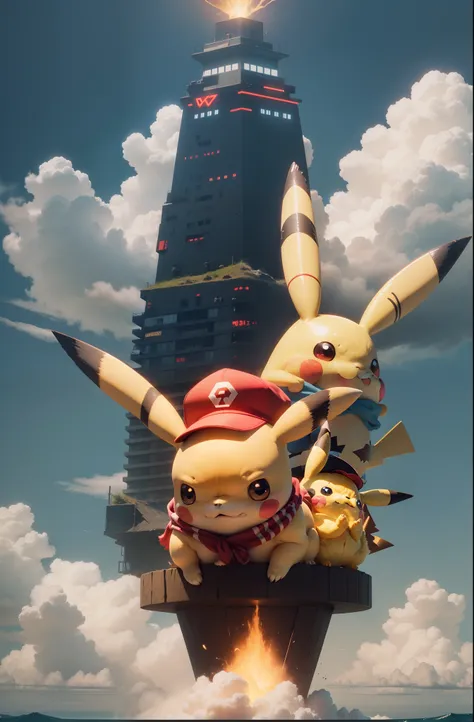 There is Pikachu，He has a red V-shaped hat on his head，He wears Pikachu pajamas，A blue scarf wrapped around his neck，His ears are short，Not very prominent，Use 100,000 volts under a cloudless sky，The sky is filled with the breath of thunder element