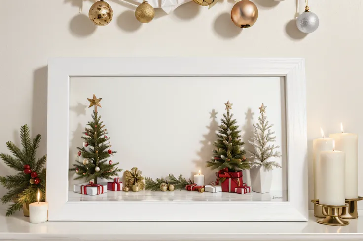 a close up of a picture frame on a shelf with candles and ornaments, wood print, isolated on white background, background is white, catalog photo, best on adobe stock, festive atmosphere, Christmas time, wooden frame, white background, hanging scroll on wa...