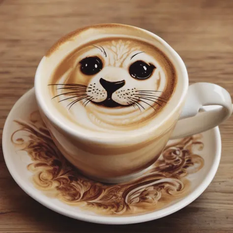 (Cafe Latte、Latte art):1.5、(Expressing the face of a seal with latte art):1.5、masutepiece、realisitic