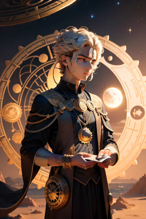 Mysterious elements，The sun and moon astrolabe on the young mans head，Solemnly and majestically，Counting in his hand，4k 8k