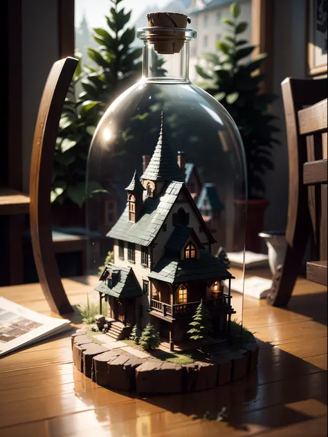 (Concept Art), (Intricate Forest Mini Town, Village, Landscape Trapped in a Bottle), Biome, Thick Glass, Weathered, Atmospheric Oliva Lighting, On the Table, 4k UHD, Dark Resonance, Ultra Detailed, Vivid Colors, Epic Composition, Octane Rendering, Sharp Fo...