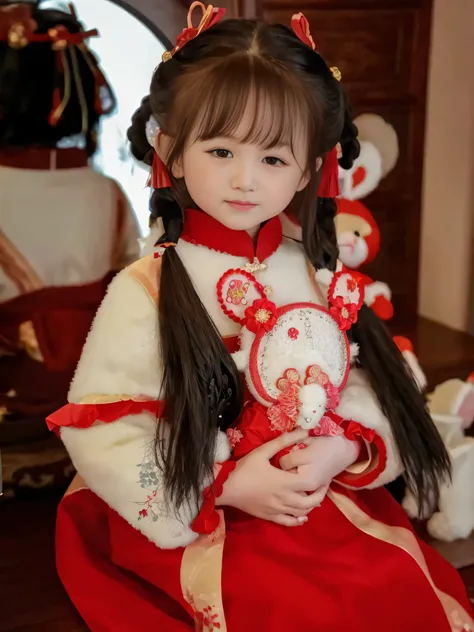 Arapei in a red and white dress holds a teddy bear, Palace ， A girl in Hanfu, Chinese traditional, Chinese costume, Traditional Chinese clothing, with acient chinese clothes, Chinese girl, Chinese style, Chinese dress, Hanfu, Cheongsam, China Princess, Whi...