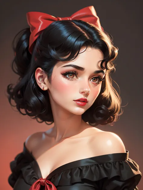 A closeup of a black-haired woman with a red bow on her head, 1950s illustration style, beautiful retro art, vector illustration