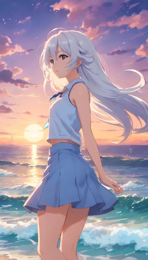 beach，Look up，Long white hair，full bodyesbian, Electrical performance，short  skirt，爆乳，cleavage，fleshy feeling，Without losing its fleshy feel，