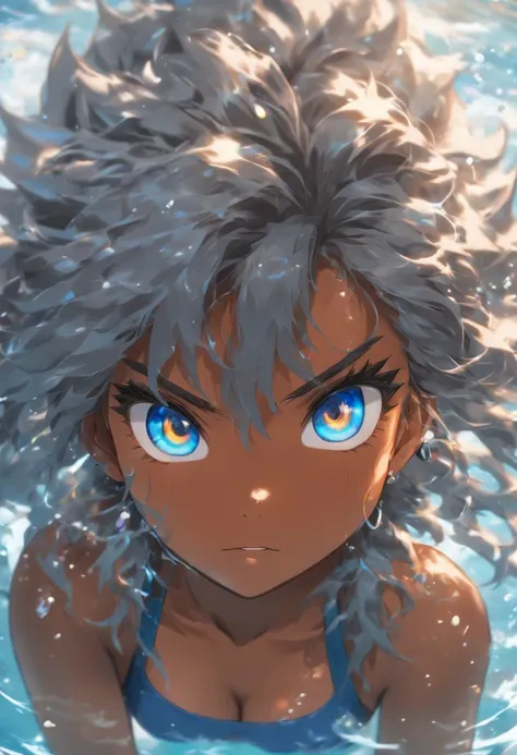 (ultra details) (detailed eyes) (no blur) dark skin, young woman, gray hair, long hair, messy hair, wolf ears, wolf tail, blue eyes, Blue bikini, dipped in water, submerged