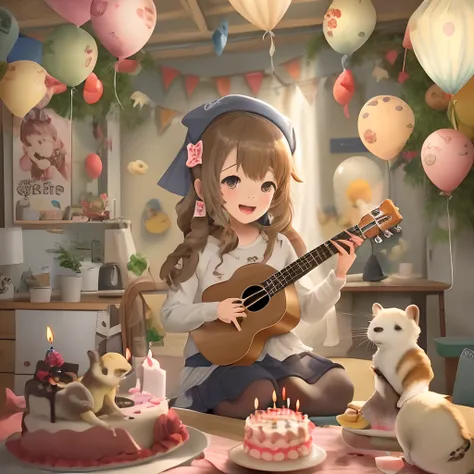 One Cute Anime Girl, Play the ukulele, Singing, A cute ferret,Birthday Cake, happy birthday, High quality,