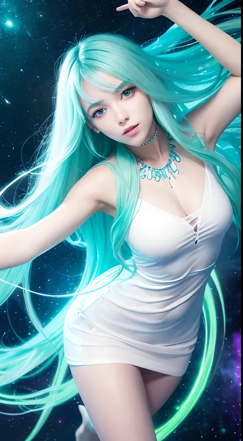 4K Ultra HD, Masterpiece, A girl with a magical aura, Good face, Long hair, shinny hair, Detailed eyes, Glossy lips, wears a white dress, The aura around the body, Magical effect, Spread green and blue lights, Cosmic elements and ethereal atmosphere, A mix...