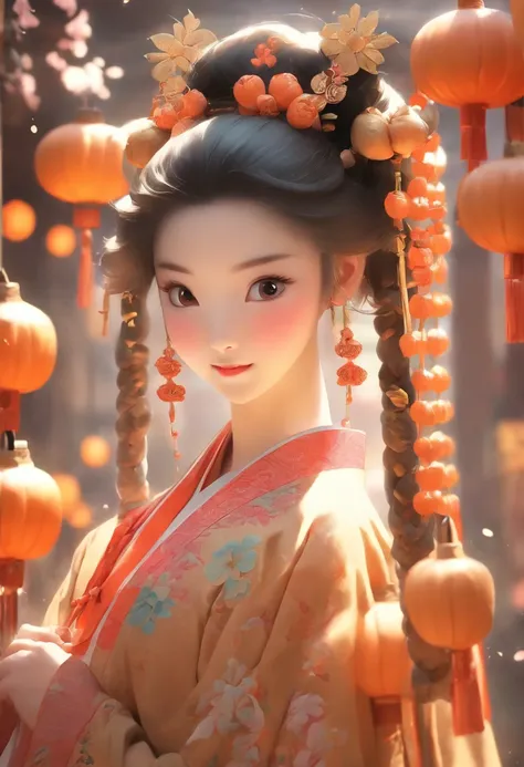 China-style，Tang Dynasty Maiden，Hanfu，Cute and cute，Take a bunch of sugar gourds，eery，The lively streets of Changan，Full body like，Detailed and accurate，depth of fields，8K,A high resolution,tmasterpiece,Beautiful wallpapers,high qulity,high detal,s the per...