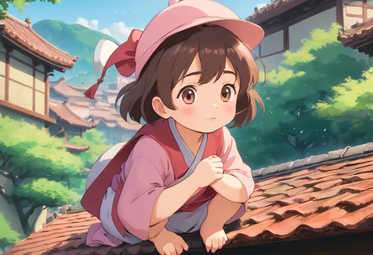 China-style，Pastoral baby girl，Cute and cute，Chubby toot，Sit on the roof and blow the wind，ventania，messy shortt hair，Pink flecked pajamas，Cartoon card issuance，Full body like，Detailed and accurate，depth of fields，8K,A high resolution,tmasterpiece,Beautifu...