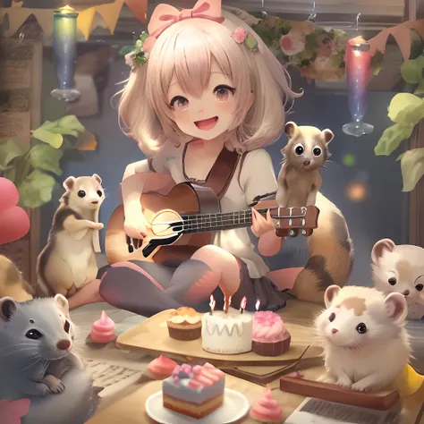 One Cute Anime Girl, Play the ukulele, Singing, Cute ferret,Birthday Cake, happy birthday, High quality,