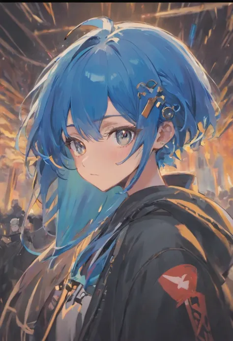 blue hair, asymmetrical hair, hair behind ear, expressive hair, hair over eyes, hair strand, goggles, black hairband, mole under eye, crazy eyes, mismatched pupils, glaring, crazy, grin, parted lips, jitome, seductive smile, depressed, Romanticism, anime s...