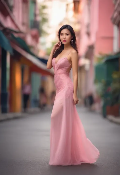 A young asian woman standing on the street, posing for fashion shoot, pink lingerie, blur background, beatiful, photorealistic